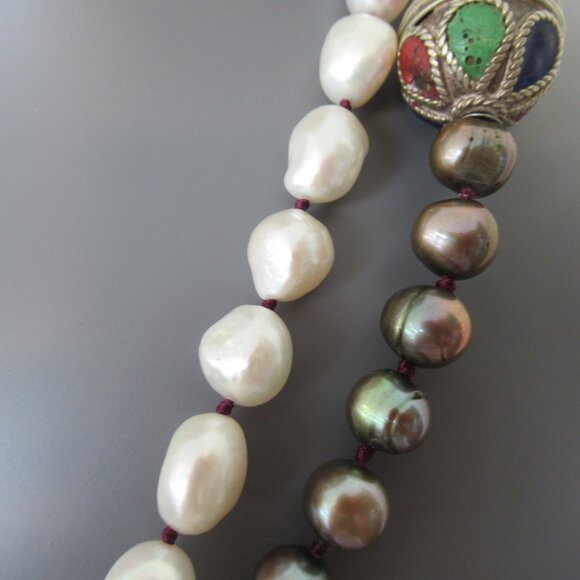 VTG Real Pearls Hand Tied Two Tone w/ Ancient Engrave Metal Beads Extra Long 51" - Picture 14 of 14